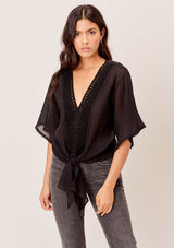 [Color: Vintage Black] Lovestitch black Lightweight crinkle cotton, eyelet trimmed top with tie detail at the waist. 