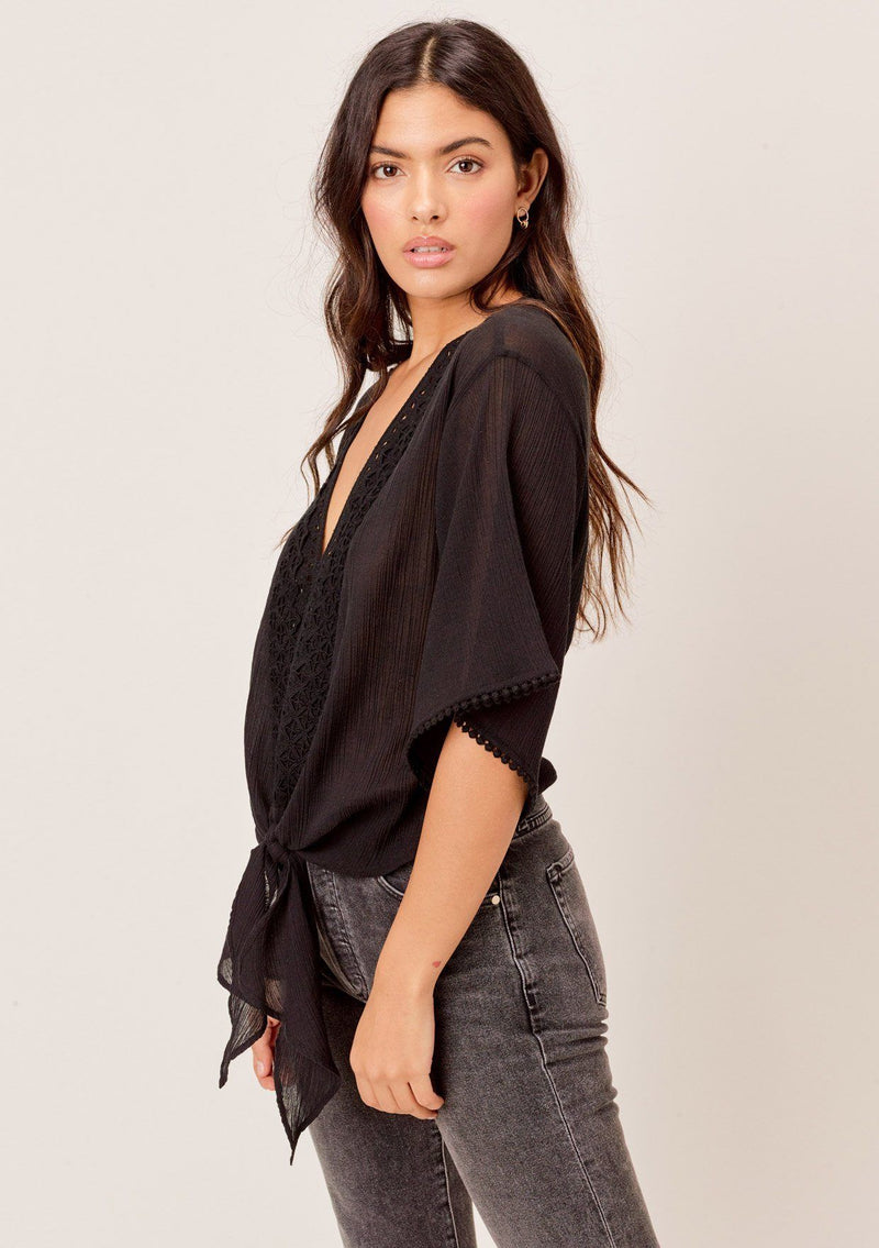 [Color: Vintage Black] Lovestitch black Lightweight crinkle cotton, eyelet trimmed top with tie detail at the waist. 