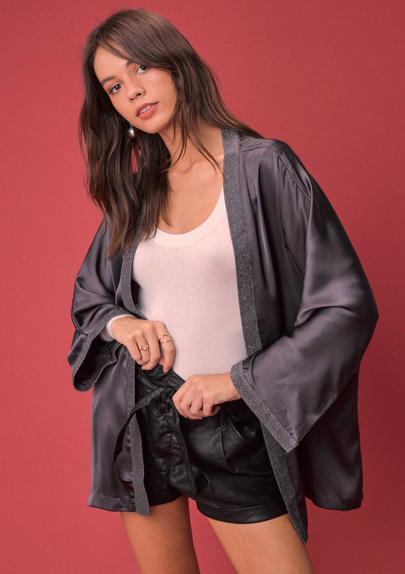 [Color: Dark Grey] A beautiful luxe satin kimono with a glittery lurex trim and cuff.