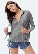 [Color: Heather Ash] Lovestitch, grey, super soft, V-neck, waffle knit sweater with drawstring hoodie.