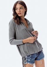 [Color: Heather Ash] Lovestitch, grey, super soft, V-neck, waffle knit sweater with drawstring hoodie.