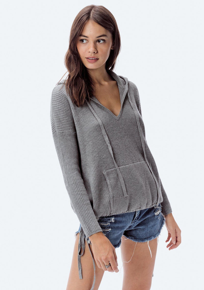 [Color: Heather Ash] Lovestitch, grey, super soft, V-neck, waffle knit sweater with drawstring hoodie.