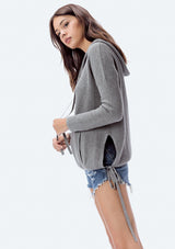 [Color: Heather Ash] Lovestitch, grey, super soft, V-neck, waffle knit sweater with drawstring hoodie.