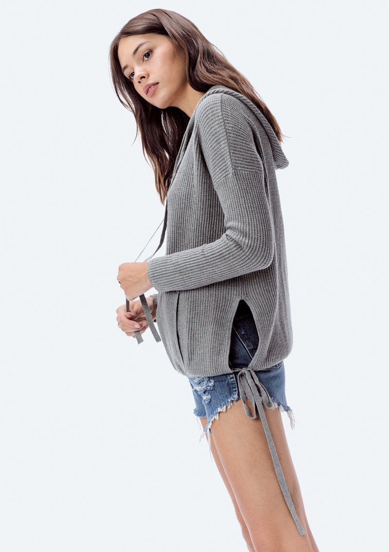 [Color: Heather Ash] Lovestitch, grey, super soft, V-neck, waffle knit sweater with drawstring hoodie.