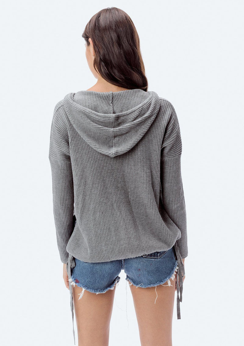 [Color: Heather Ash] Lovestitch, grey, super soft, V-neck, waffle knit sweater with drawstring hoodie.