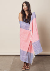 [Color: HotPink/Cobalt] Lovestitch pink & blue, mini diamond border, block printed beach towel/blanket, made in soft cotton and Turkish terry cloth with fringe edge. 