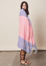 [Color: HotPink/Cobalt] Lovestitch pink & blue, mini diamond border, block printed beach towel/blanket, made in soft cotton and Turkish terry cloth with fringe edge. 