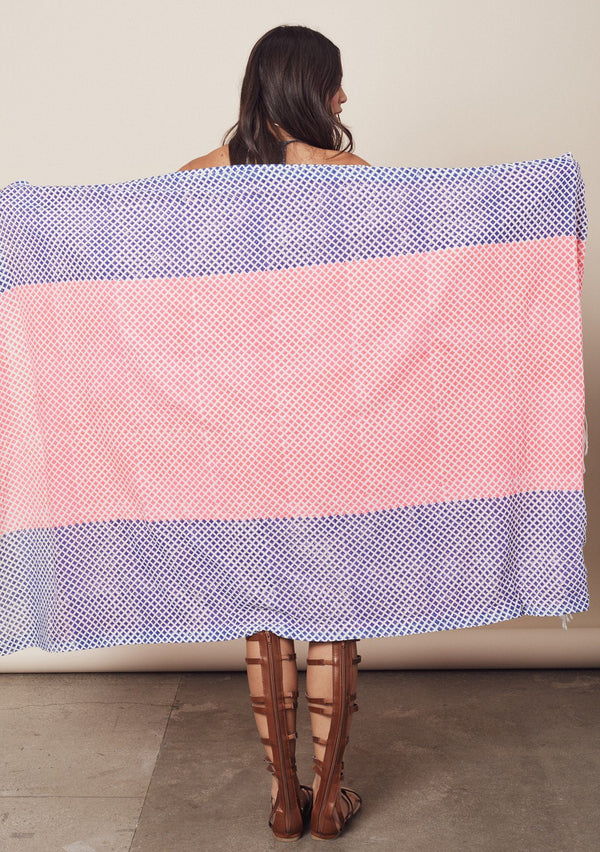 [Color: HotPink/Cobalt] Lovestitch pink & blue, mini diamond border, block printed beach towel/blanket, made in soft cotton and Turkish terry cloth with fringe edge. 