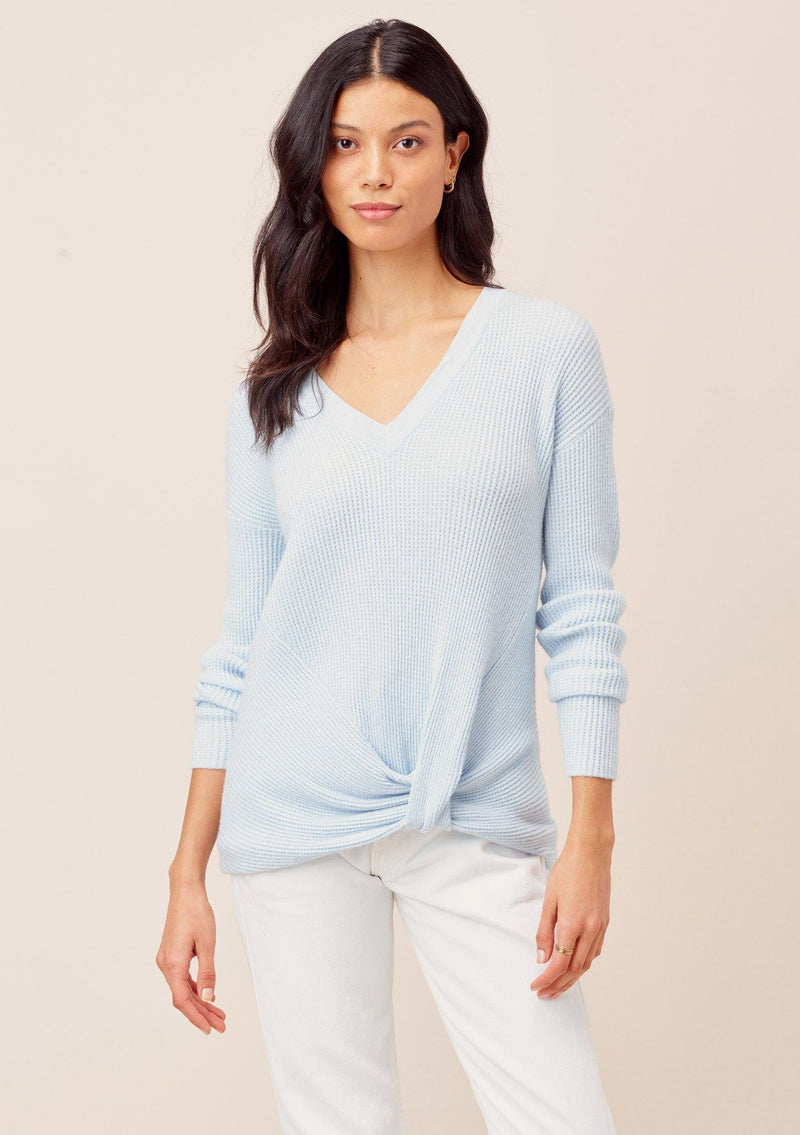 [Color: Baby Blue] Lovestitch baby blue Long sleeve, waffle knit thermal, V-neck, knot front sweater. A beloved basic with a twist! 