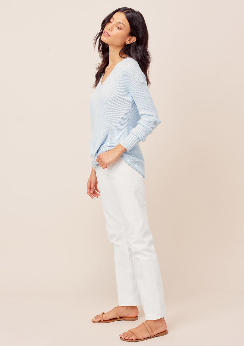 [Color: Baby Blue] Lovestitch baby blue Long sleeve, waffle knit thermal, V-neck, knot front sweater. A beloved basic with a twist! 