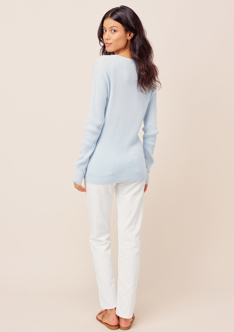 [Color: Baby Blue] Lovestitch baby blue Long sleeve, waffle knit thermal, V-neck, knot front sweater. A beloved basic with a twist! 