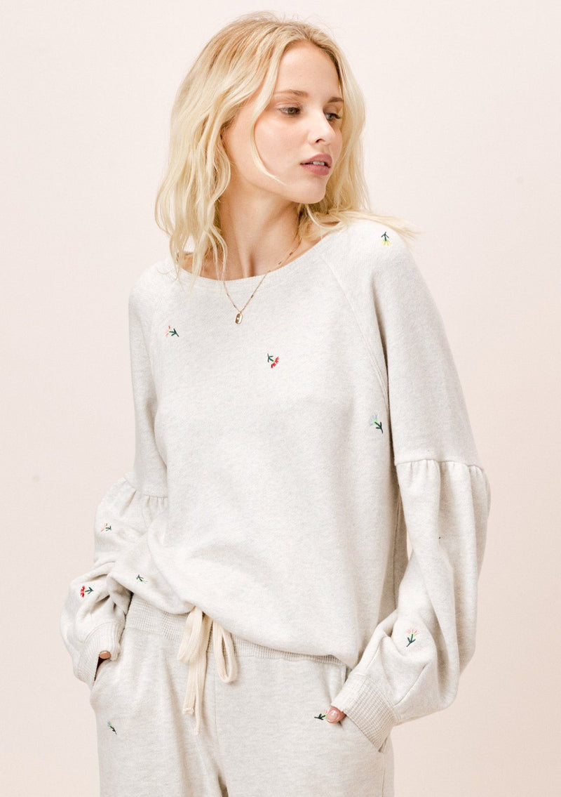 [Color: Oatmeal] Lovestitch oatmeal french terry, flower embroidered sweatshirt pullover with volume sleeve