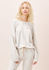 [Color: Oatmeal] Lovestitch oatmeal french terry, flower embroidered sweatshirt pullover with volume sleeve