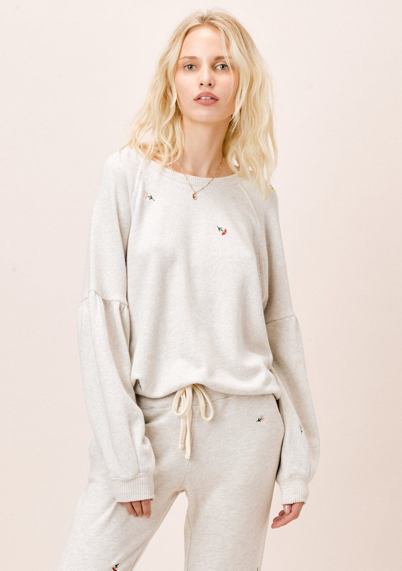 [Color: Oatmeal] Lovestitch oatmeal french terry, flower embroidered sweatshirt pullover with volume sleeve