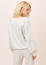 [Color: Oatmeal] Lovestitch oatmeal french terry, flower embroidered sweatshirt pullover with volume sleeve