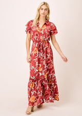 [Color: Wine/Gold] Lovestitch wine/gold sexy, vintage inspired, large floral print, short sleeve tiered maxi dress