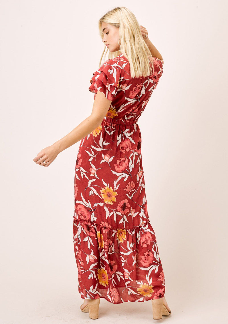 [Color: Wine/Gold] Lovestitch wine/gold sexy, vintage inspired, large floral print, short sleeve tiered maxi dress