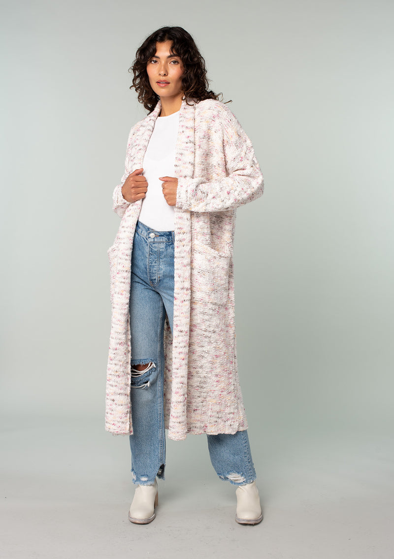 Women's White & Pink Speckled Knit Duster Cardigan - LOVESTITCH