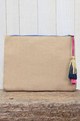 [Color: Khaki/Pink Multi] A multi color embroidered cotton clutch with a tassel zipper pull. 