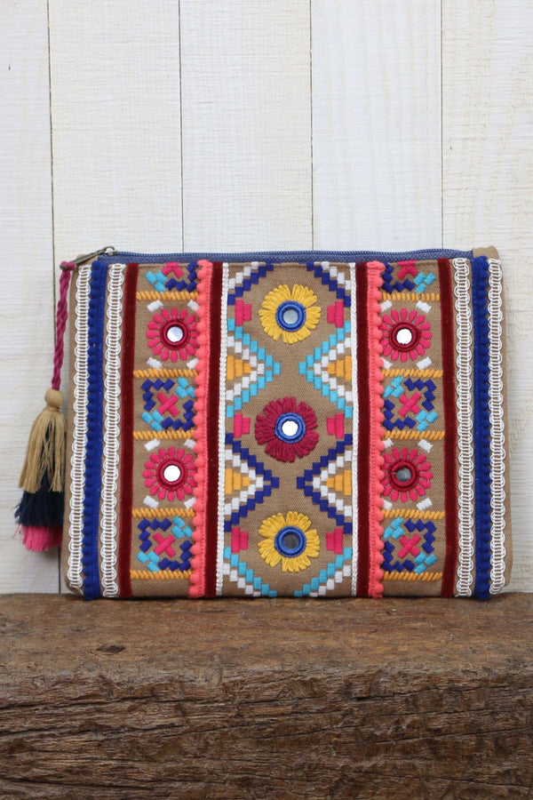 [Color: Khaki/Pink Multi] A multi color embroidered cotton clutch with a tassel zipper pull. 