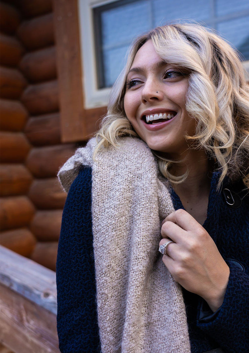 [Color: Cream] A super soft and fuzzy marled scarf. Featuring a cool fringed trim. A classic layering accessory in a soft neutral color.