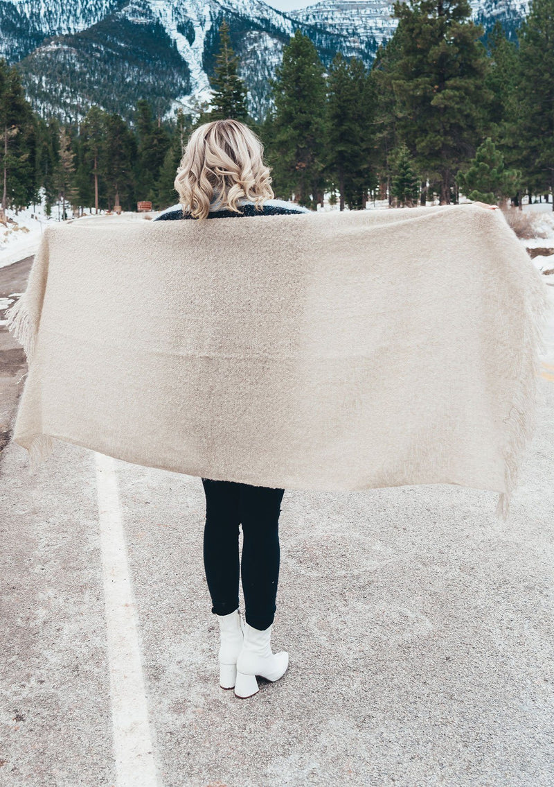 [Color: Cream] A super soft and fuzzy marled scarf. Featuring a cool fringed trim. A classic layering accessory in a soft neutral color. 