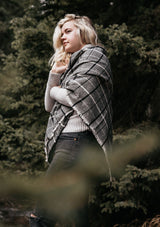 [Color: Black/Grey] Wrap yourself up in this cozy, oversized plaid scarf wrap with mini fringe trim. A classic style that pairs effortlessly with everything.