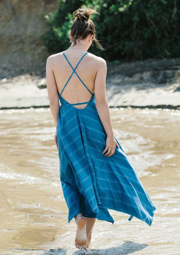 [Color: Marina] Lovestitch marina blue, striped tencel maxi dress with strappy open back