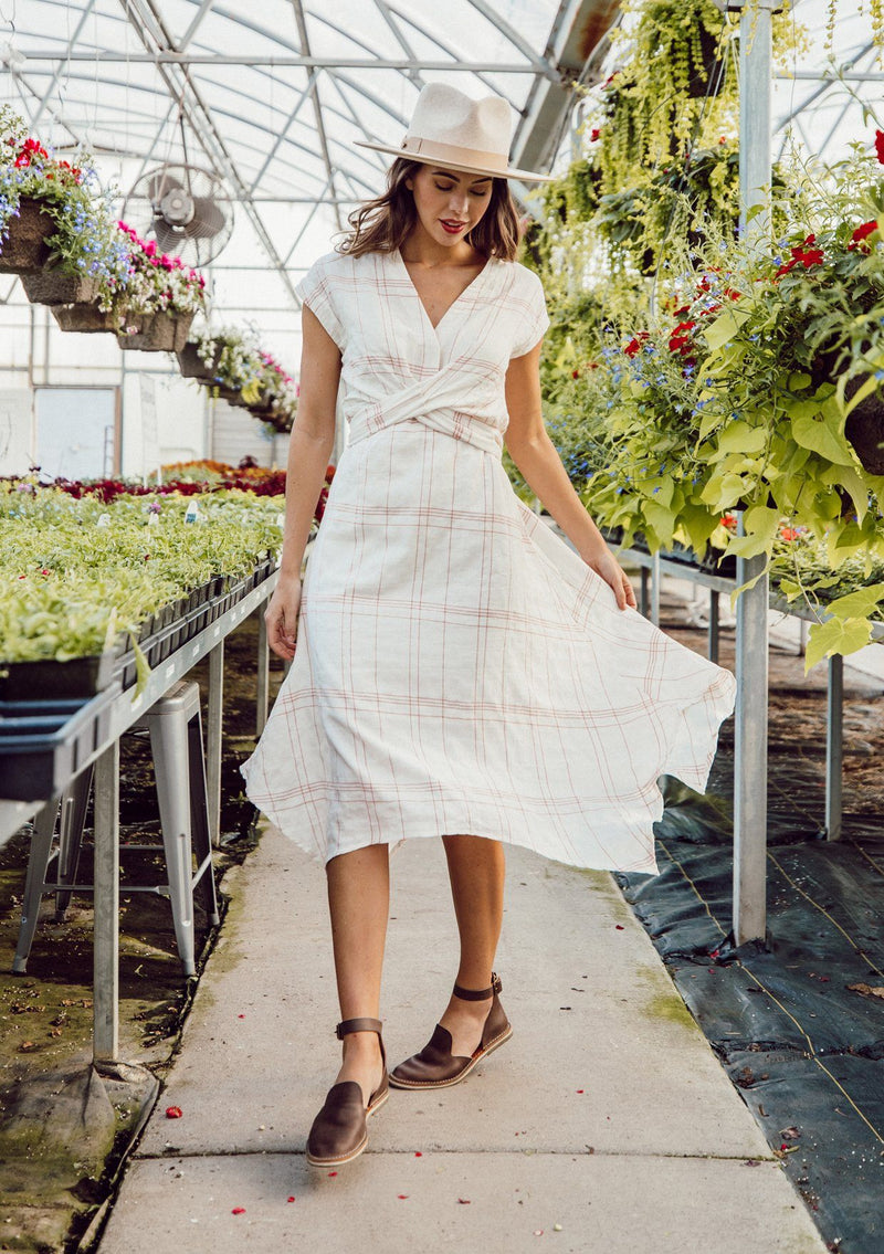 [Color: Ivory/Coral] Lovestitch lightweight gauze, plaid wrap dress with tie-back detail and handkerchief hem.