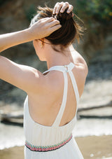 [Color: Natural/Multi] Lovestitch sleeveless, tiered maxi dress with striped, embroidered detail. 