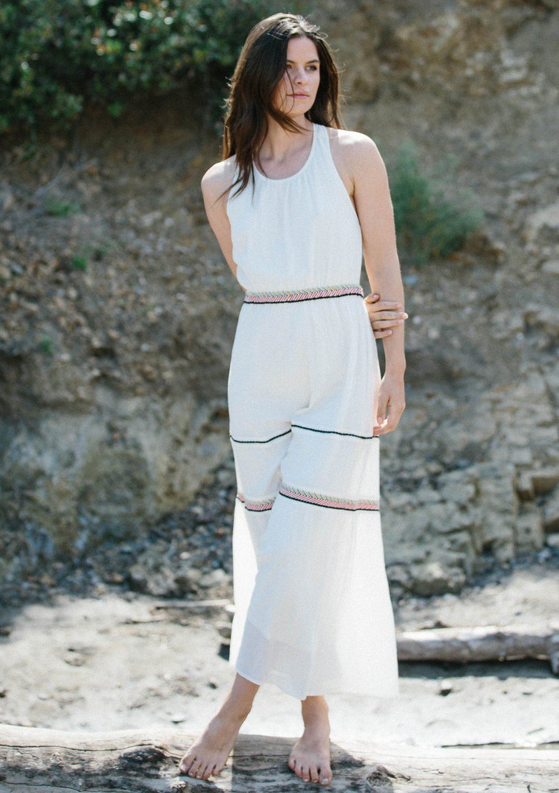 [Color: Natural/Multi] Lovestitch sleeveless, tiered maxi dress with striped, embroidered detail. 